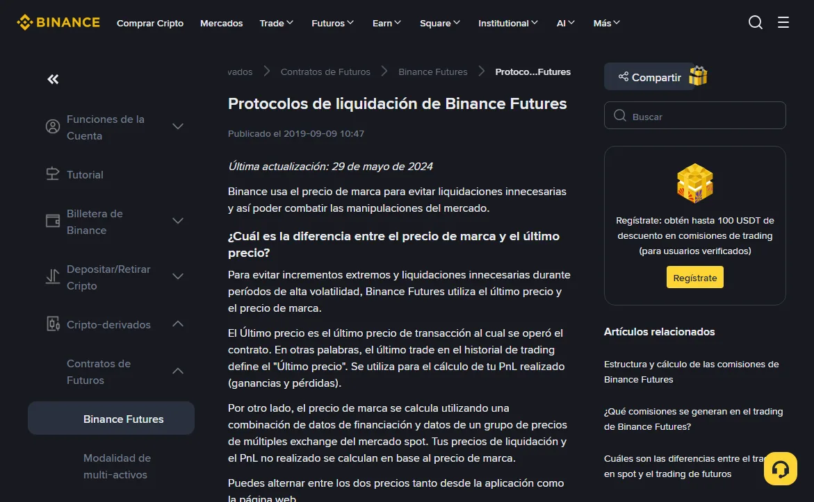 Página de ayuda de Binance Protocolos de liquidación de Binance Futures en español, sin sesión iniciada, con la nota Última actualización: 29 de mayo de 2024 y el inicio de la sección sobre la diferencia entre el precio de marca y el último precio.
